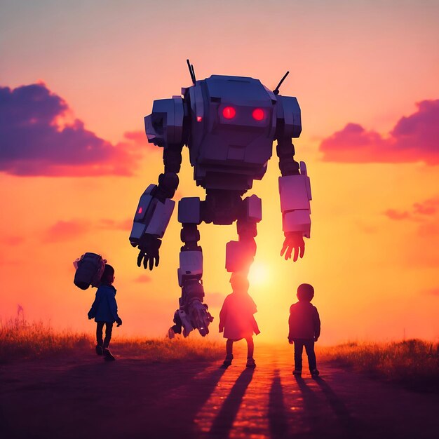 Robot and child walking together at sunset Best