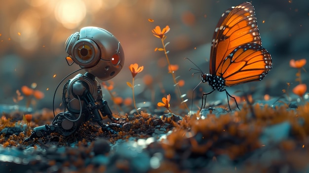 Robot Companion and Butterfly in a Flowery Field