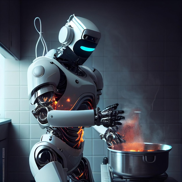 A robot cooking in a kitchen with a black background.