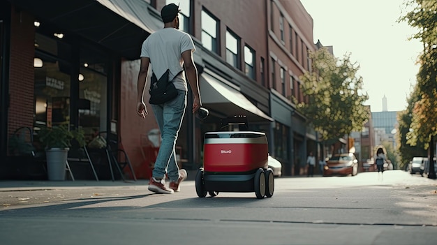 Foto un robot corriere che consegna merci su ruote attraversa una strada deserta della città tecnologia di servizio logistico senza equipaggio