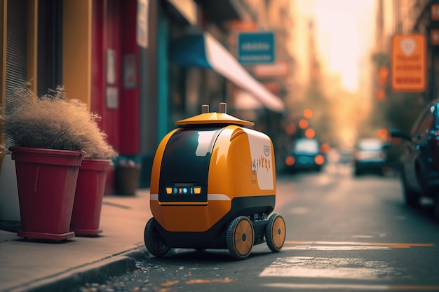 Robot courier delivers goods and food around the city autonomous delivery robot generative ai