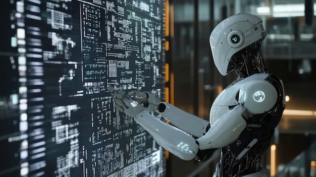 a robot creating complex algorithms on a holographic interface showing ai involved in highlevel programming and problemsolving
