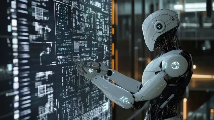 Photo a robot creating complex algorithms on a holographic interface showing ai involved in highlevel programming and problemsolving