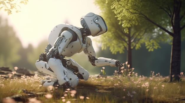 A robot crouches in a field with a tree in the background.