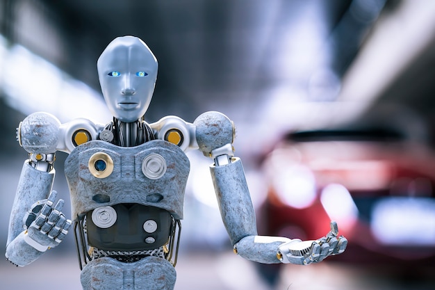 Robot cyber toekomst futuristische humanoïde auto, auto, auto auto check fix in garage industrie inspectie inspecteur verzekering onderhoudsmonteur reparatie robot service technologie