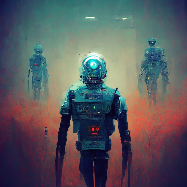 Robot in cyberpunk style on the background of two more robots\
digital art illustrated painting