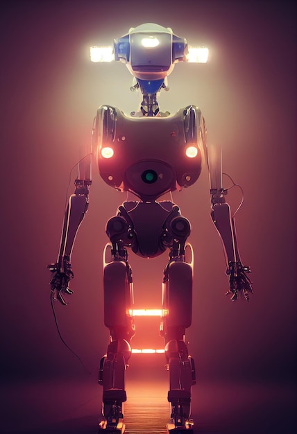 Robot cyborg closeup illuminated by light scifi artificial\
intelligence background 3d illustration