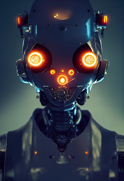 Robot cyborg closeup illuminated by light scifi artificial\
intelligence background 3d illustration