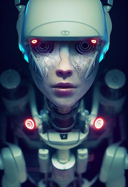 Robot cyborg female closeup illuminated by cinematic light\
scifi artificial intelligence background 3d illustration