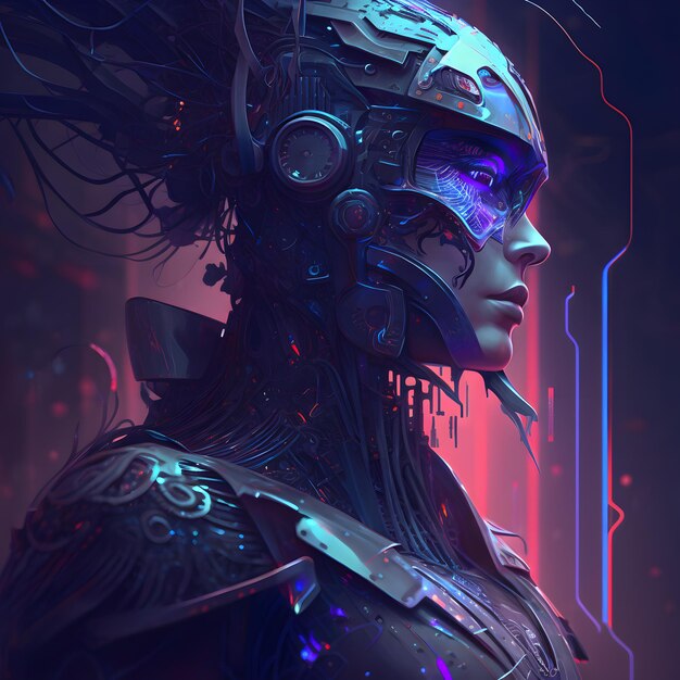 robot cyborg girl artificial intelligence under neon lighting technology background