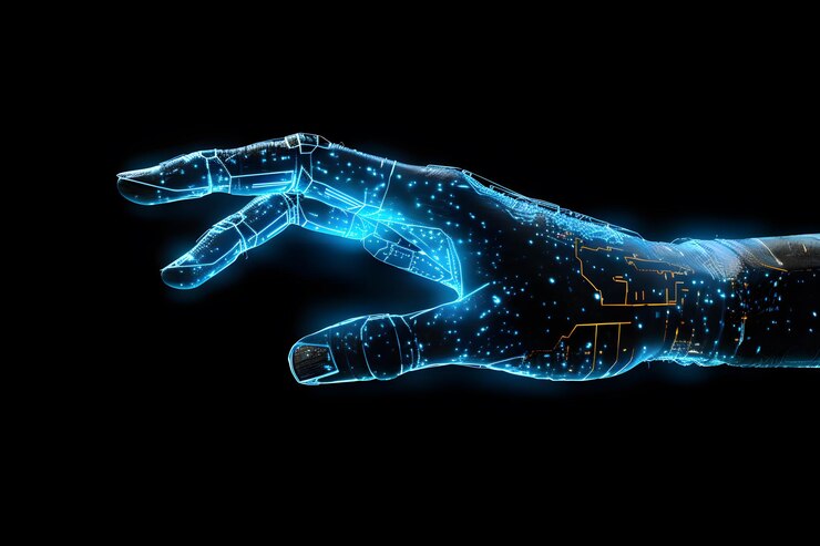 Рука робота-киборга на темном фоне Концепция футуристической технологии AI Генеративный AI