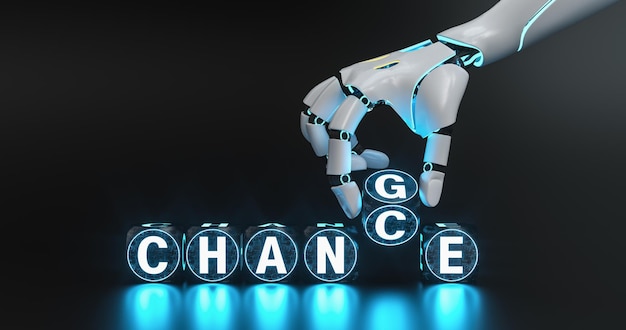 Photo robot or cyborg hand with black technology cubes and text change to chance
