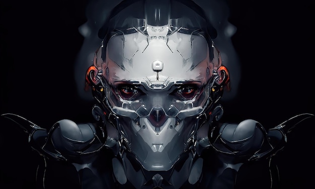 Robot cyborg humanoid face skull technological cyborg head Futuristic metallic science fiction male Fantastic 3d illustration