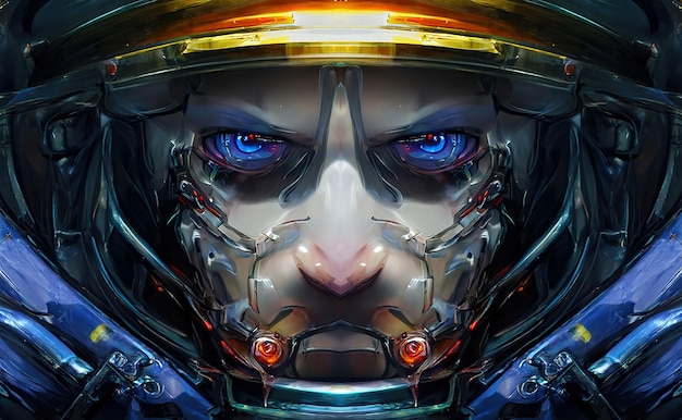 Robot cyborg humanoïde gezicht schedel technologische cyborg hoofd Futuristische metalen sciencefiction man Fantastische 3d illustratie