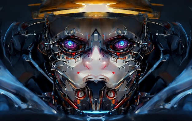 Robot cyborg humanoïde gezicht schedel technologische cyborg hoofd Futuristische metalen sciencefiction man Fantastische 3d illustratie