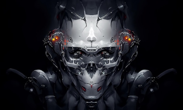 Robot cyborg humanoïde gezicht schedel technologische cyborg hoofd Futuristische metalen sciencefiction man Fantastische 3d illustratie
