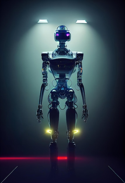 Robot cyborg illuminated by light scifi artificial intelligence
background 3d illustration