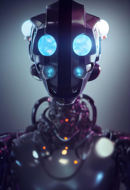 Robot cyborg male closeup illuminated by cinematic light Scifi artificial intelligence background 3D illustration