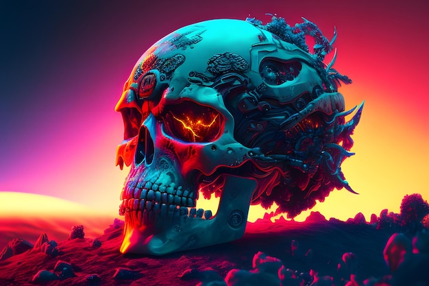 Robot cyborg skull on an apocalyptic background Generative AI