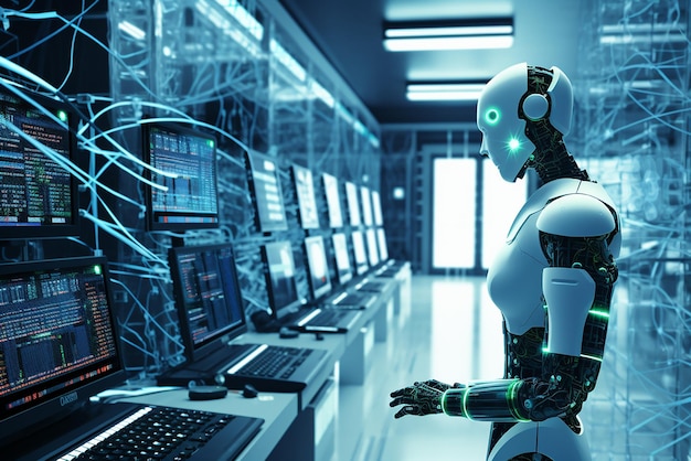 Robot cyborg werkt in de gegevenscontrolekamer met een netwerkverbindingslijn voor technologische achtergrond
