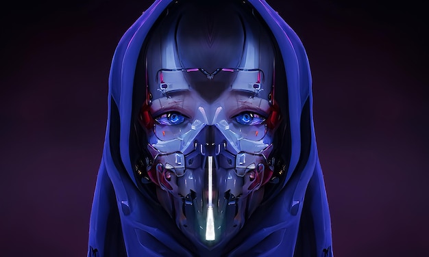 Robot cyborg woman humanoid face skull technological cyborg head Futuristic metallic science fiction female Fantastic 3d illustration