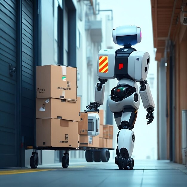 Photo robot delivers an order box in smart