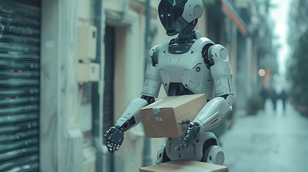 Photo robot delivery in hyperrealistic city street