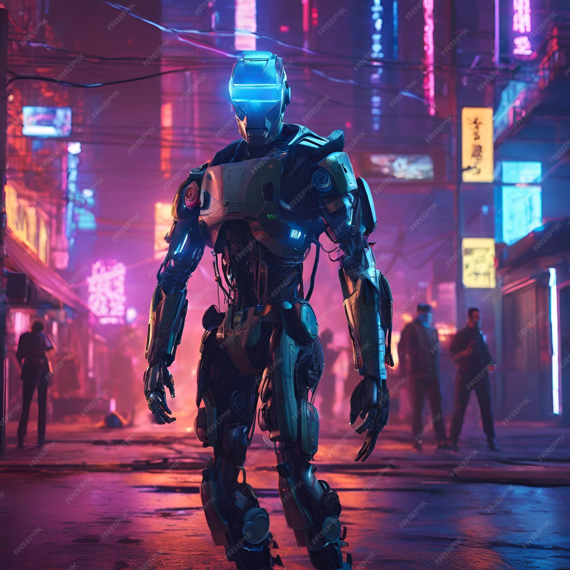 Premium AI Image | A robot detective solving crimes in a neonlit 