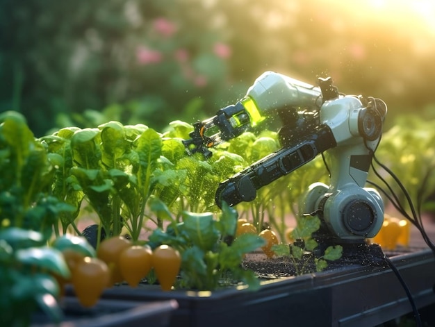 Robot die de groentetuin water geeft Moderne digitale technologieën robots met intelligentie