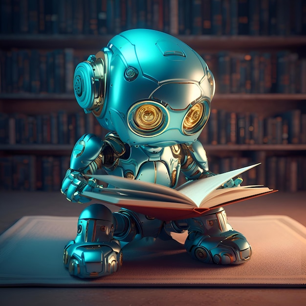 Robot die een boek in de bibliotheek leest 3d illustratie