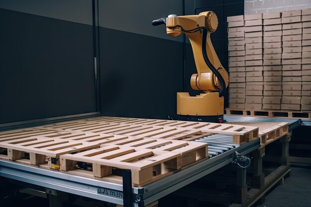 Foto robot die een zware pallet met goederen optilt en op een transportband plaatst die is gemaakt met generatieve ai