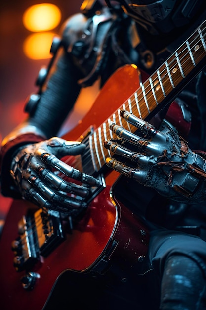 Robot die gitaar speelt Close Up AI gegenereerd