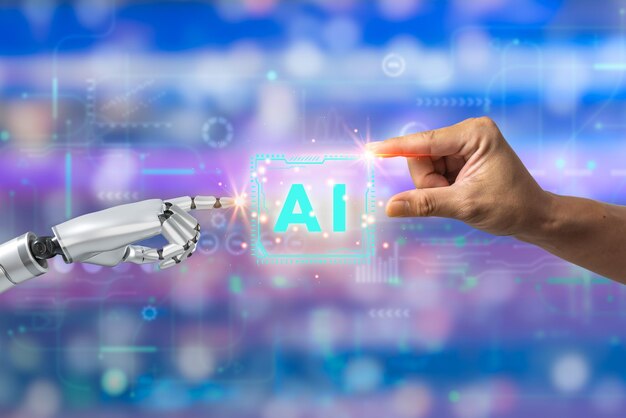 Robot die kunstmatige intelligentie aanraakt ai met zakenman op de achtergrond innovatie futuristische moderne cybertechnologie