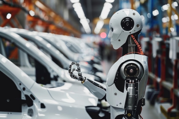 Robot die menselijke banen vervangt AI kunstmatige intelligentie humanoïde die in een autofabriek werkt