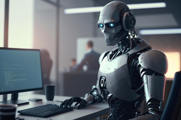 Robot die op computer Android werkt, werkt op een laptop technologische vooruitgang Generatieve AI