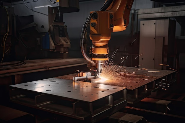 Robot die twee metalen platen aan elkaar lassen met een laserstraal