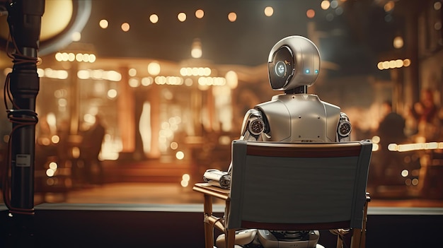 A robot in the director chair on a film set The concept of artificial intelligence in cinema