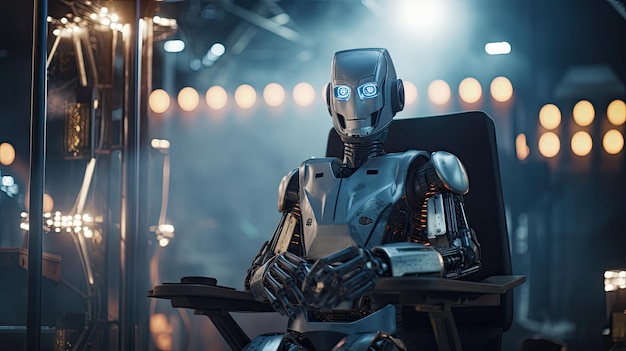 A robot in the director chair on a film set The concept of artificial intelligence in the field of cinema AI generated image