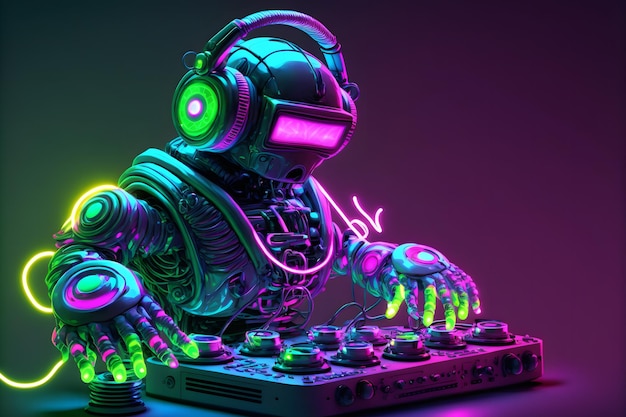 Робот-диск-жокей у диджейского микшера и вертушки играет в ночном клубе во время вечеринки Концепция развлекательной вечеринки EDM Искусство, созданное нейронной сетью