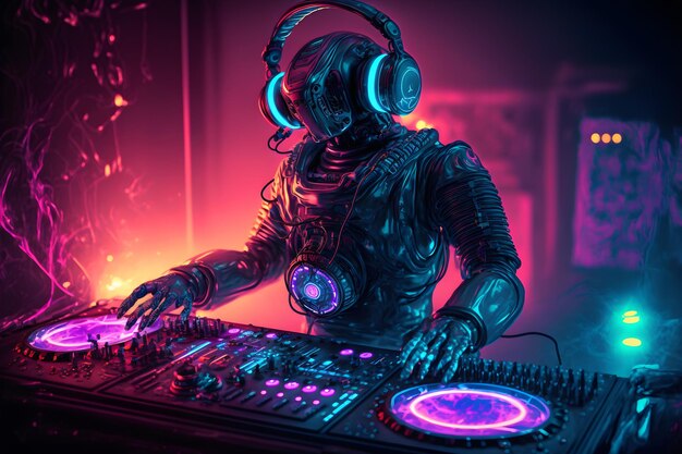 DJ ミキサーとターンテーブルのロボット ディスク ジョッキーは、パーティー中にナイトクラブを演奏 EDM エンターテイメント パーティー コンセプト ニューラル ネットワーク生成アート