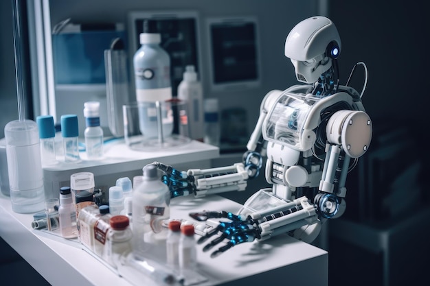Robot doctor adjusting iv drip and preparing medications for patient created with generative ai