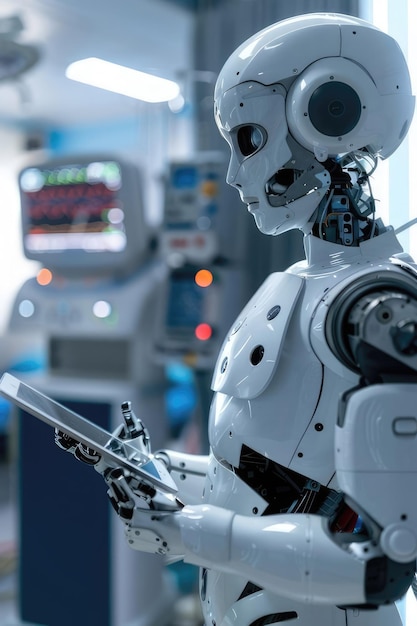 robot doctor in a hospital room with a tablet in his hands against the background of the hospital room The concept of future technologies