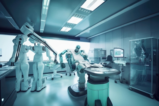 生成 AI で作成された手術室の景色を眺めながらパフォーマンスを行うロボット医師