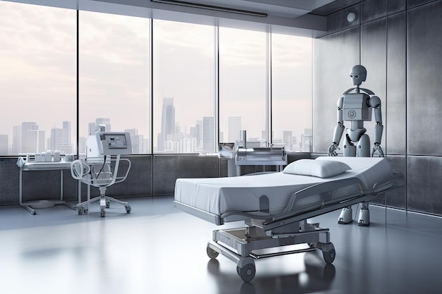 Robot doctor tending to patient with view of hospital on the background created with generative ai