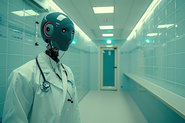 Robot doctor with stethoscope working in hospital artificial intelligence concept