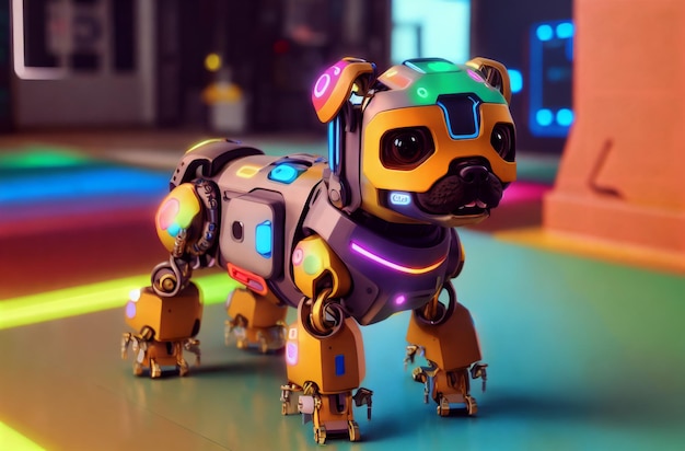 Robot dog Cute robot doggie in bright colors Concept of modern world toy animal