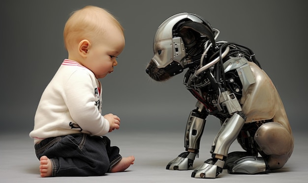 Photo the robot dog dutifully tends to the needs of the adorable human baby.   designe