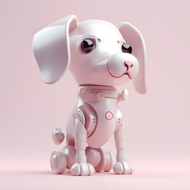 A robot dog is sitting on a pink background.