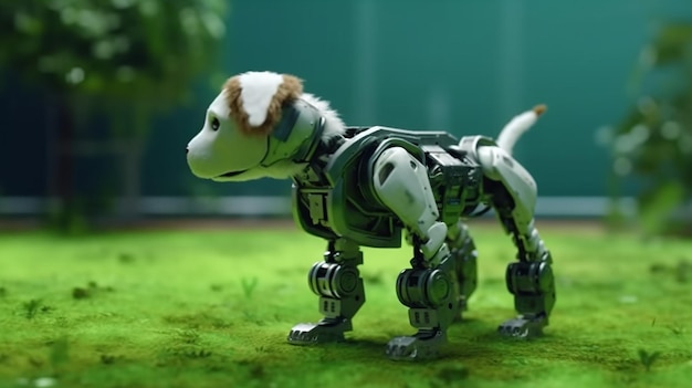 緑の床にロボット犬スタンド