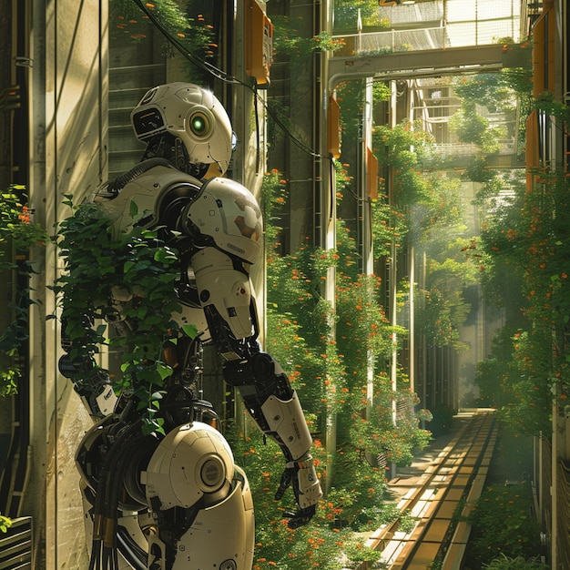 robot domain with a mechanical nursery mechanical greenery sprouting in the counterfeit daylight
